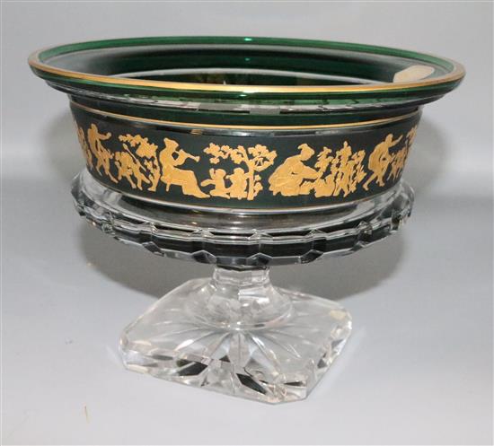 Val St Lambert green and clear glass pedestal bowl, decorated frieze of classical figures in gold